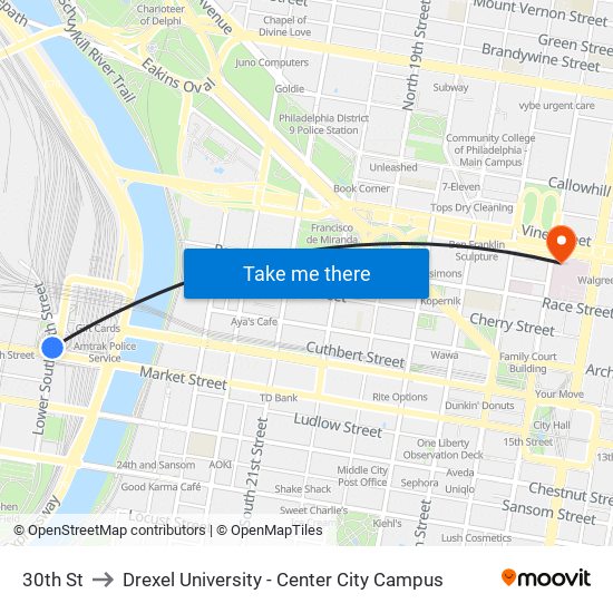 30th St to Drexel University - Center City Campus map