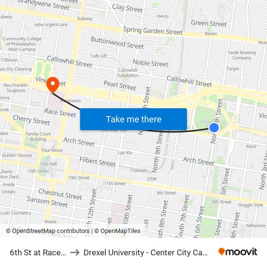 6th St at Race St to Drexel University - Center City Campus map