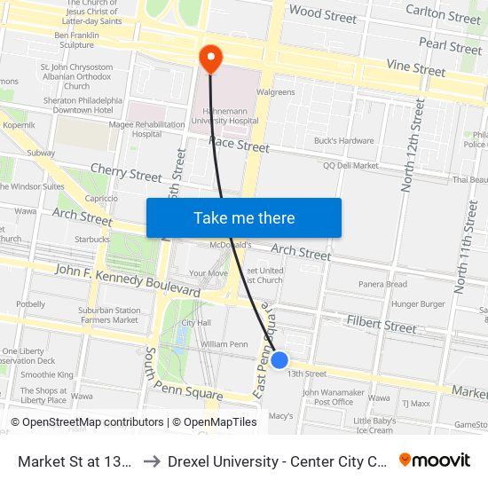 Market St at 13th St to Drexel University - Center City Campus map