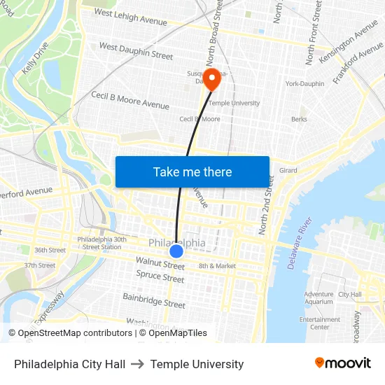 Philadelphia City Hall to Temple University map