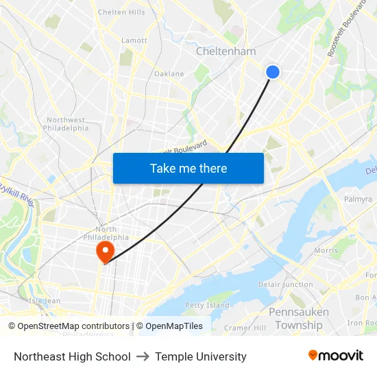 Northeast High School to Temple University map