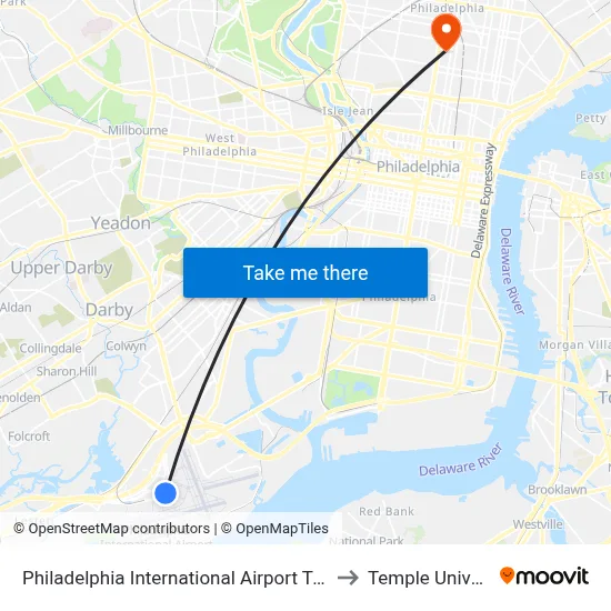 Philadelphia International Airport Terminal D to Temple University map