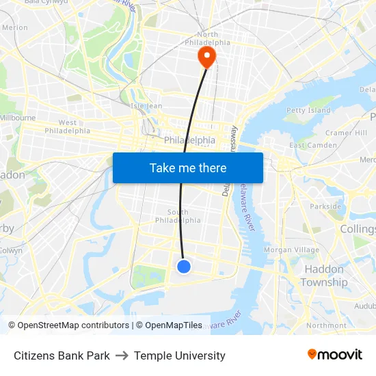 Citizens Bank Park to Temple University map