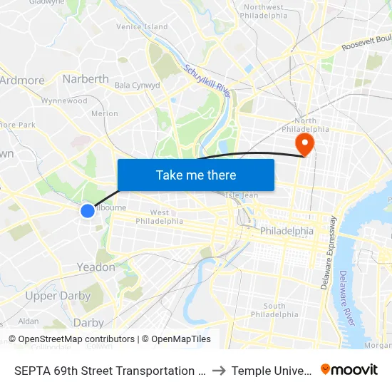 SEPTA 69th Street Transportation Center to Temple University map