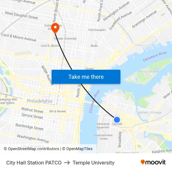 City Hall Station PATCO to Temple University map