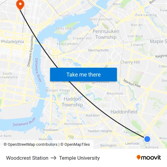 Woodcrest Station to Temple University map