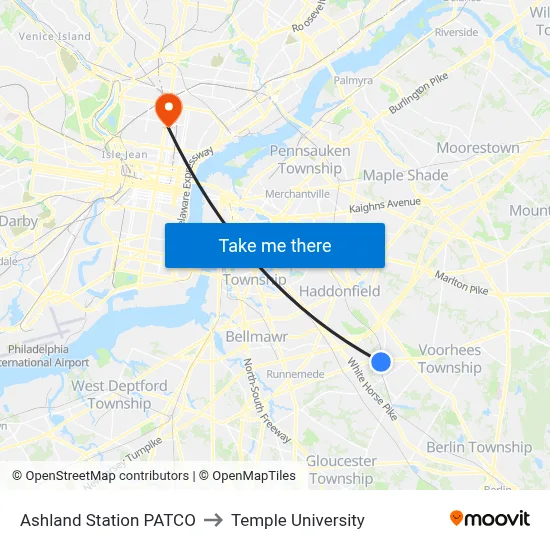 Ashland Station PATCO to Temple University map