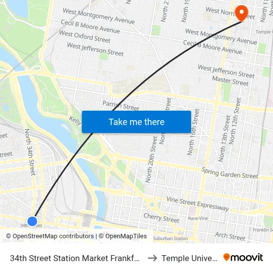 34th Street Station Market Frankford Line to Temple University map
