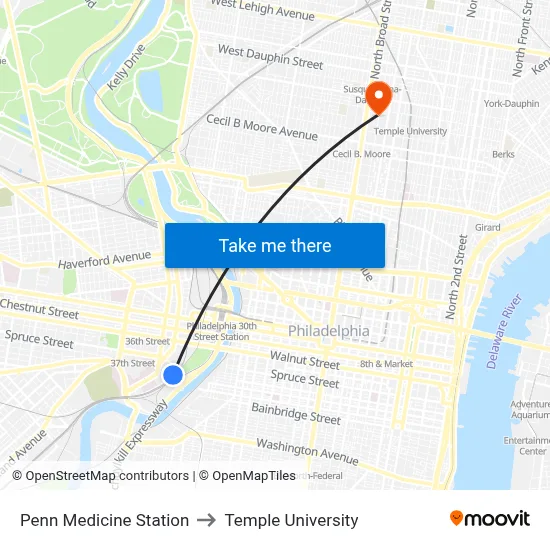 Penn Medicine Station to Temple University map
