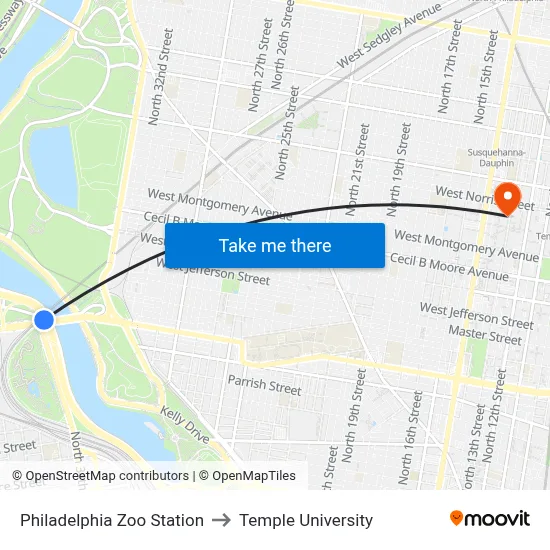 Philadelphia Zoo Station to Temple University map
