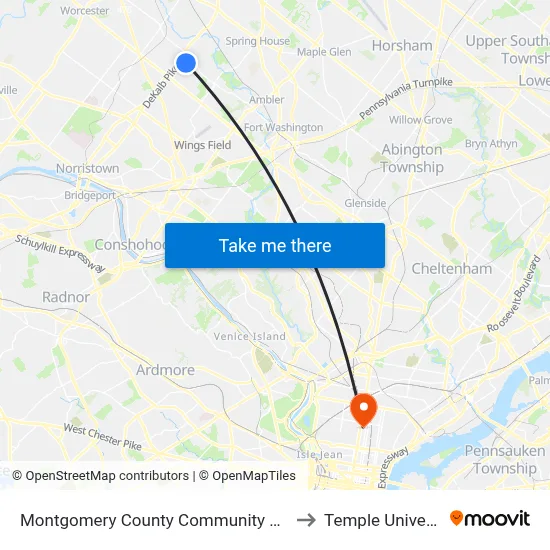 Montgomery County Community College to Temple University map