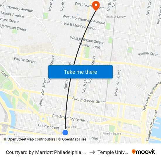 Courtyard by Marriott Philadelphia Downtown to Temple University map