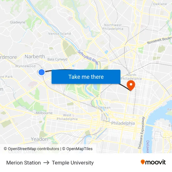 Merion Station to Temple University map