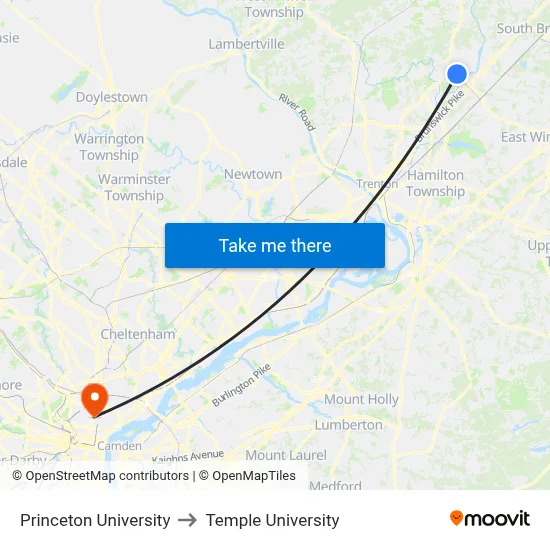 Princeton University to Temple University map