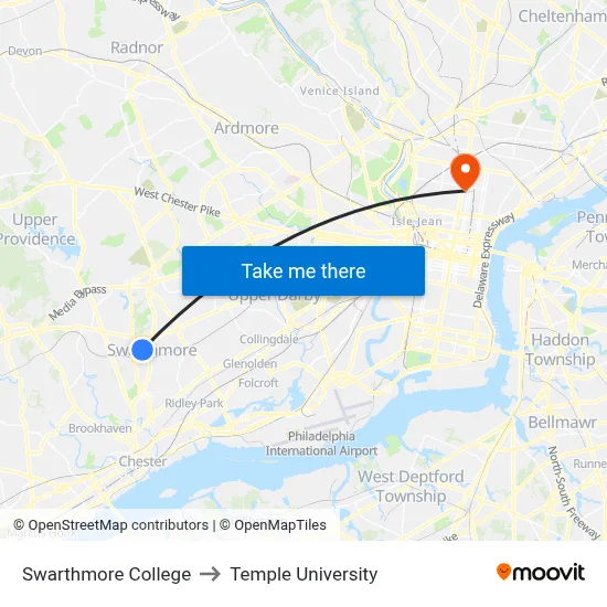 Swarthmore College to Temple University map