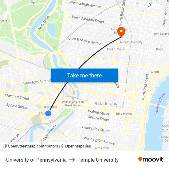 University of Pennsylvania to Temple University map