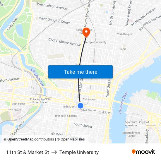 11th St & Market St to Temple University map