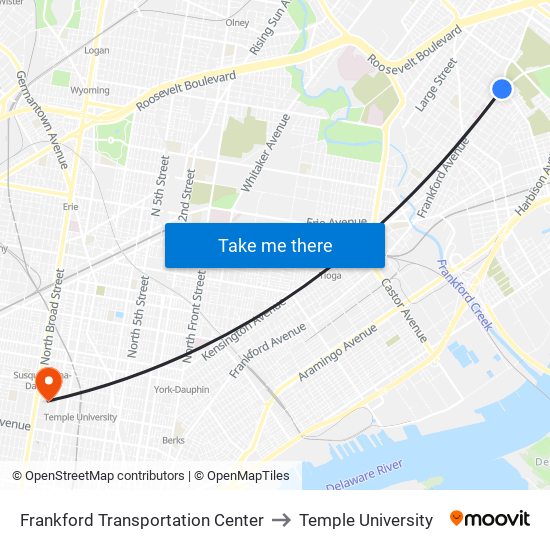 Frankford Transportation Center to Temple University map