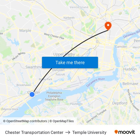 Chester Transportation Center to Temple University map