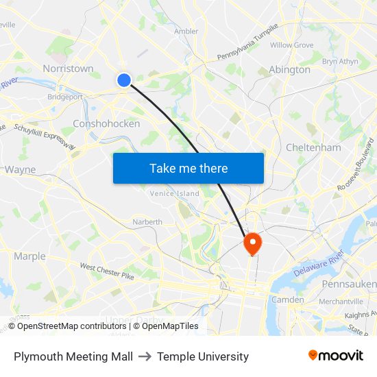 Plymouth Meeting Mall to Temple University map