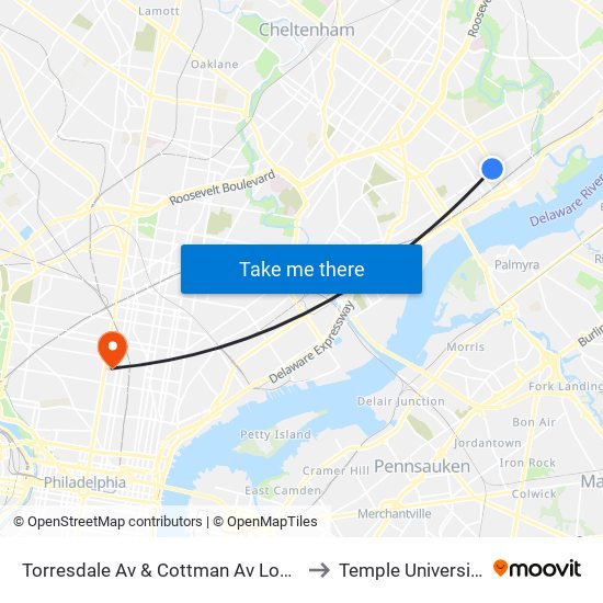 Torresdale Av & Cottman Av Loop to Temple University map