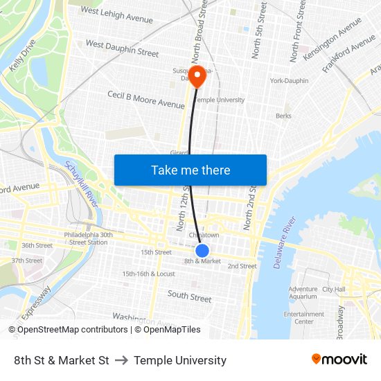 8th St & Market St to Temple University map