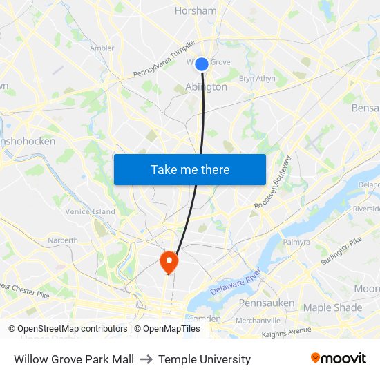 Willow Grove Park Mall to Temple University map
