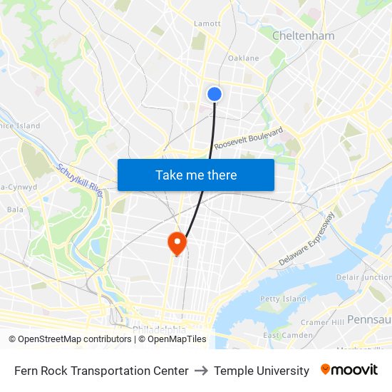 Fern Rock Transit Center to Temple University map