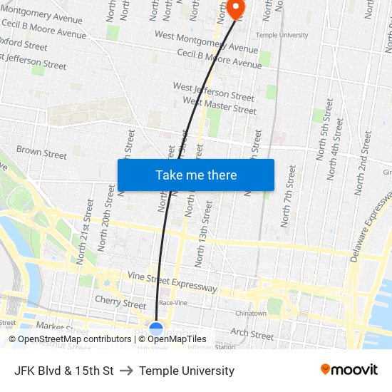 JFK Blvd & 15th St to Temple University map