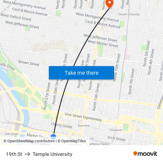 19th St to Temple University map