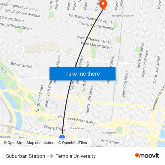 Suburban Station to Temple University map