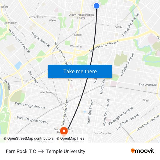 Fern Rock T C to Temple University map