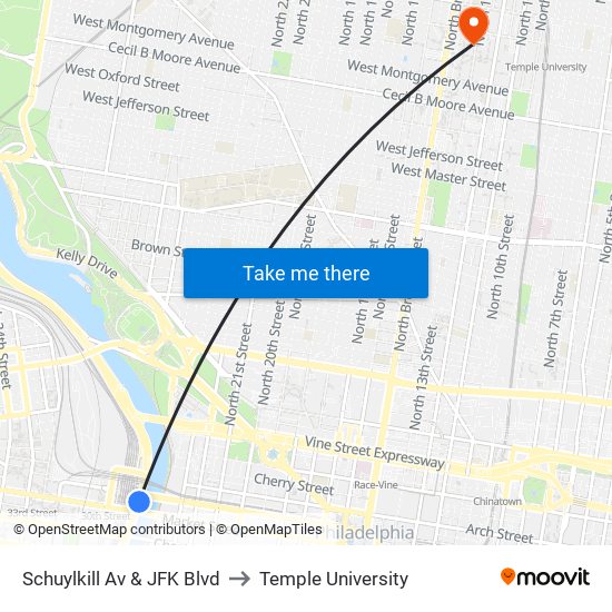 Schuylkill Av & JFK Blvd to Temple University map