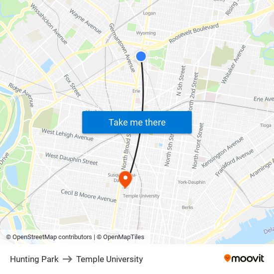 Hunting Park to Temple University map