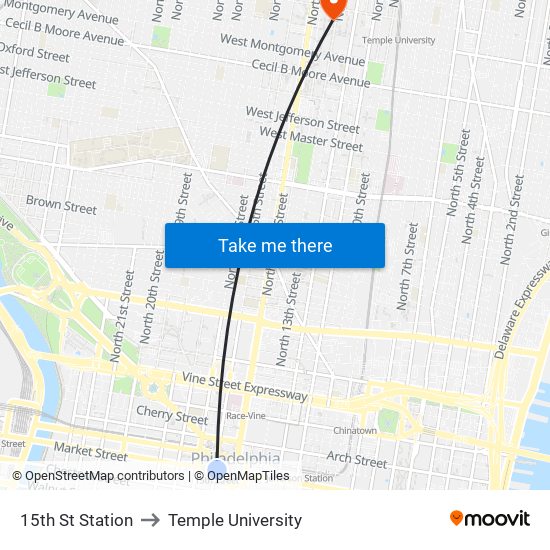 15th St Station to Temple University map