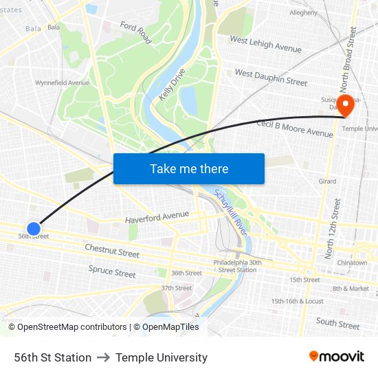 56th St Station to Temple University map