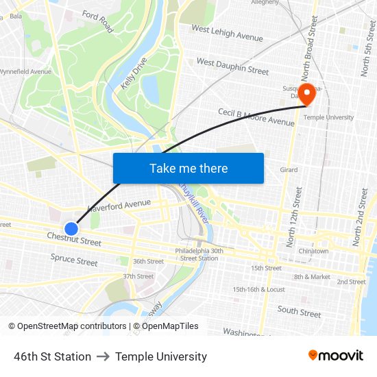 46th St Station to Temple University map