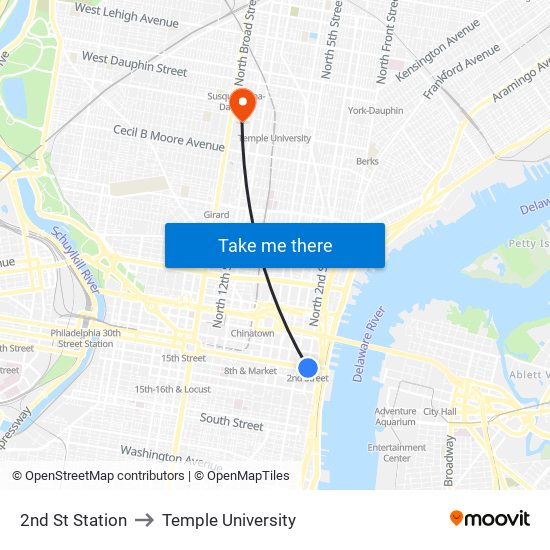 2nd St Station to Temple University map