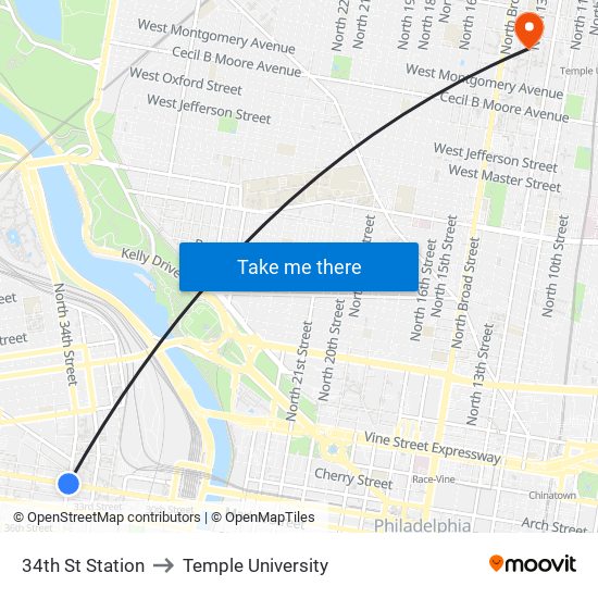 34th St Station to Temple University map