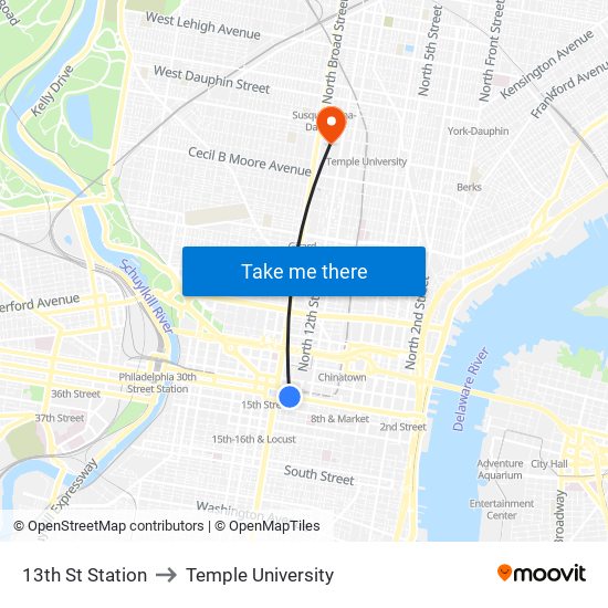 13th St Station to Temple University map
