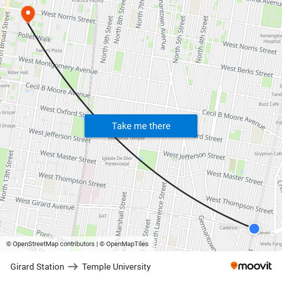 Girard Station to Temple University map