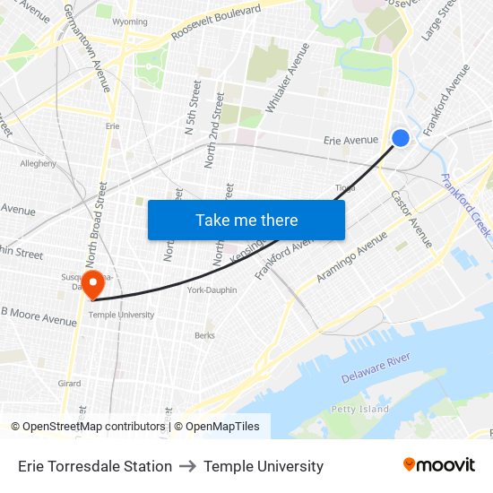 Erie Torresdale Station to Temple University map