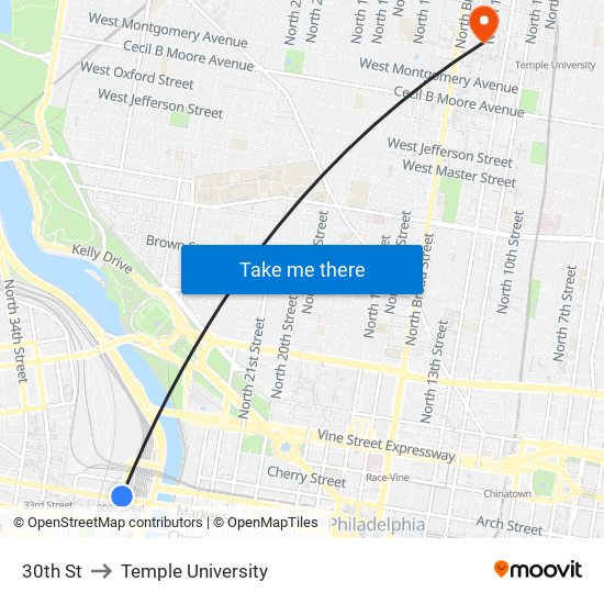 30th St to Temple University map