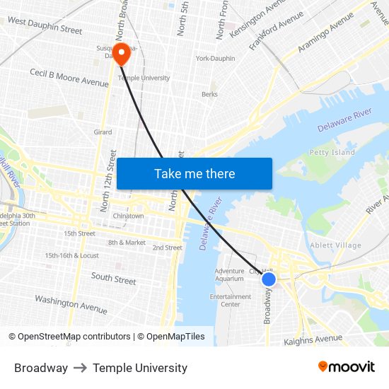 Broadway to Temple University map