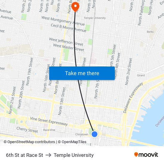 6th St at Race St to Temple University map