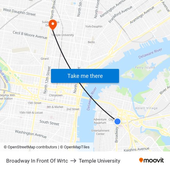 Broadway In Front Of Wrtc to Temple University map
