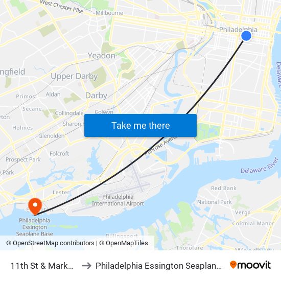 11th St & Market St to Philadelphia Essington Seaplane Base map