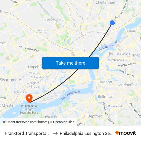 Frankford Transportation Center to Philadelphia Essington Seaplane Base map