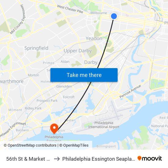 56th St & Market St - Fs to Philadelphia Essington Seaplane Base map