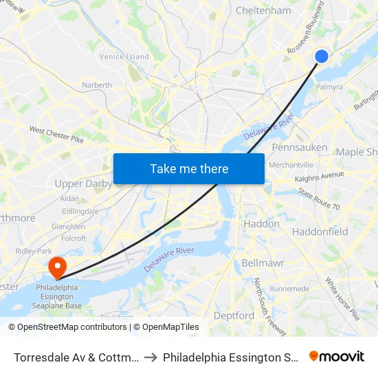 Torresdale Av & Cottman Av Loop to Philadelphia Essington Seaplane Base map